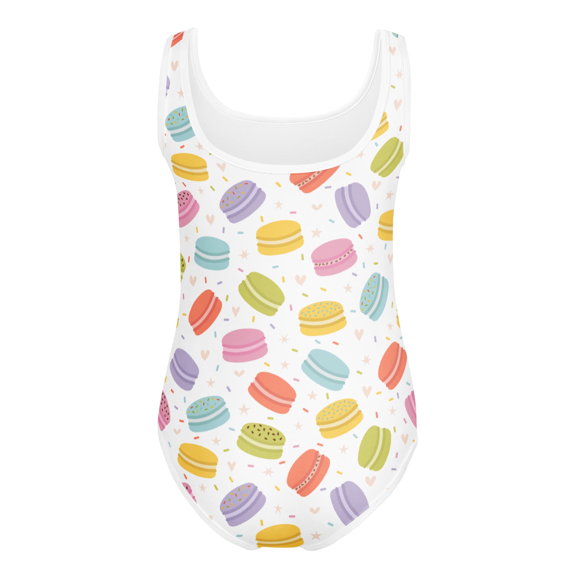 Girls pastel macaron buttery soft white one-piece swimsuit with colorful macarons and hearts quick drying for dance and gymnastics