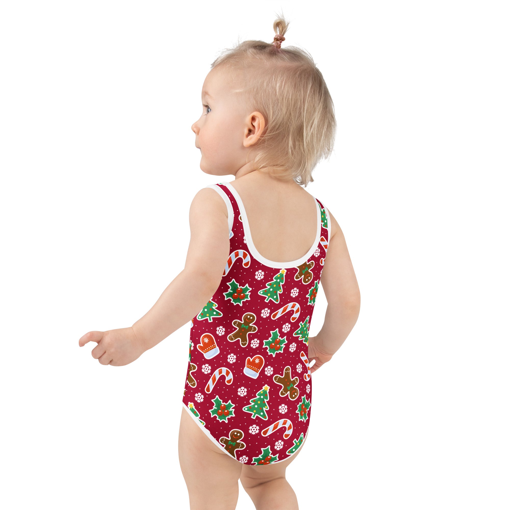 Girls red christmas cookie buttery soft one-piece swimsuit with white trim festive gingerbread candy prints upf 50+