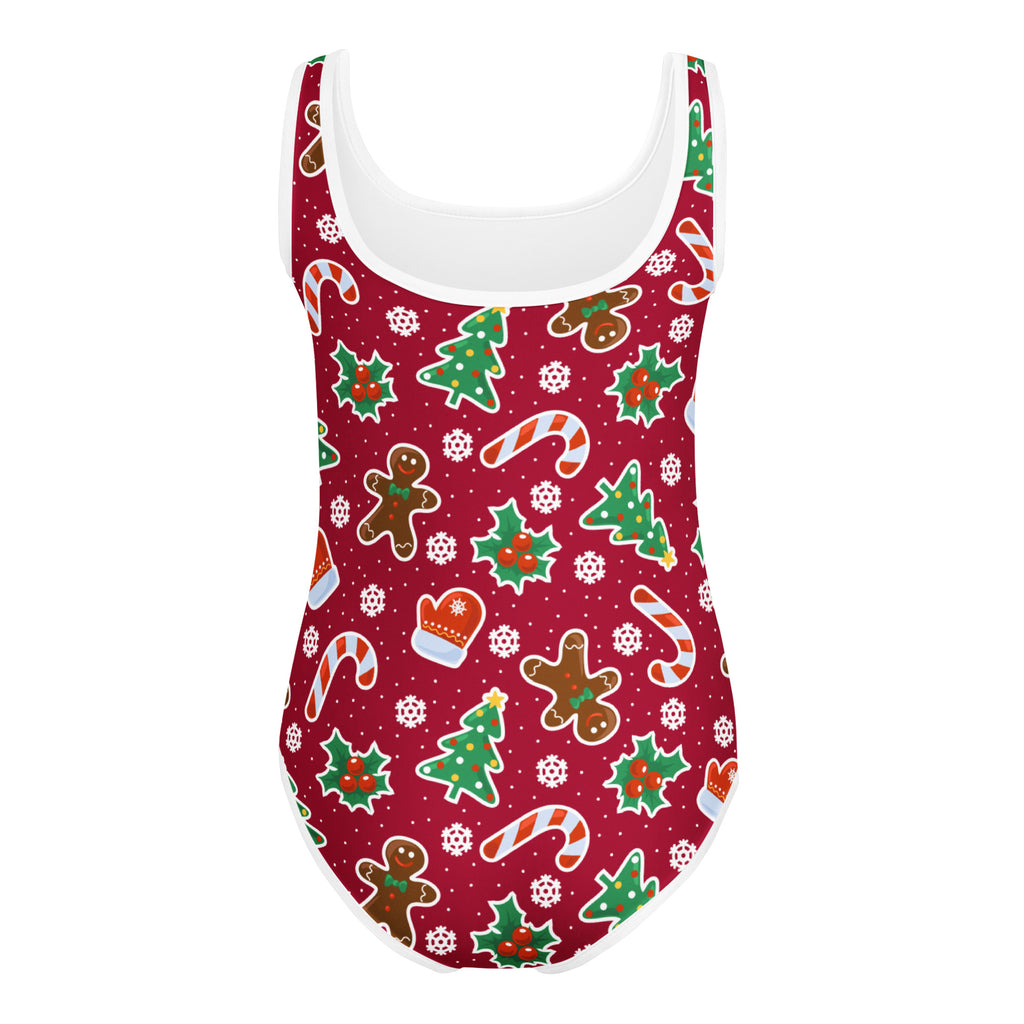 Girls red gingerbread christmas buttery soft leotard with white trim quick drying for dance and gymnastics
