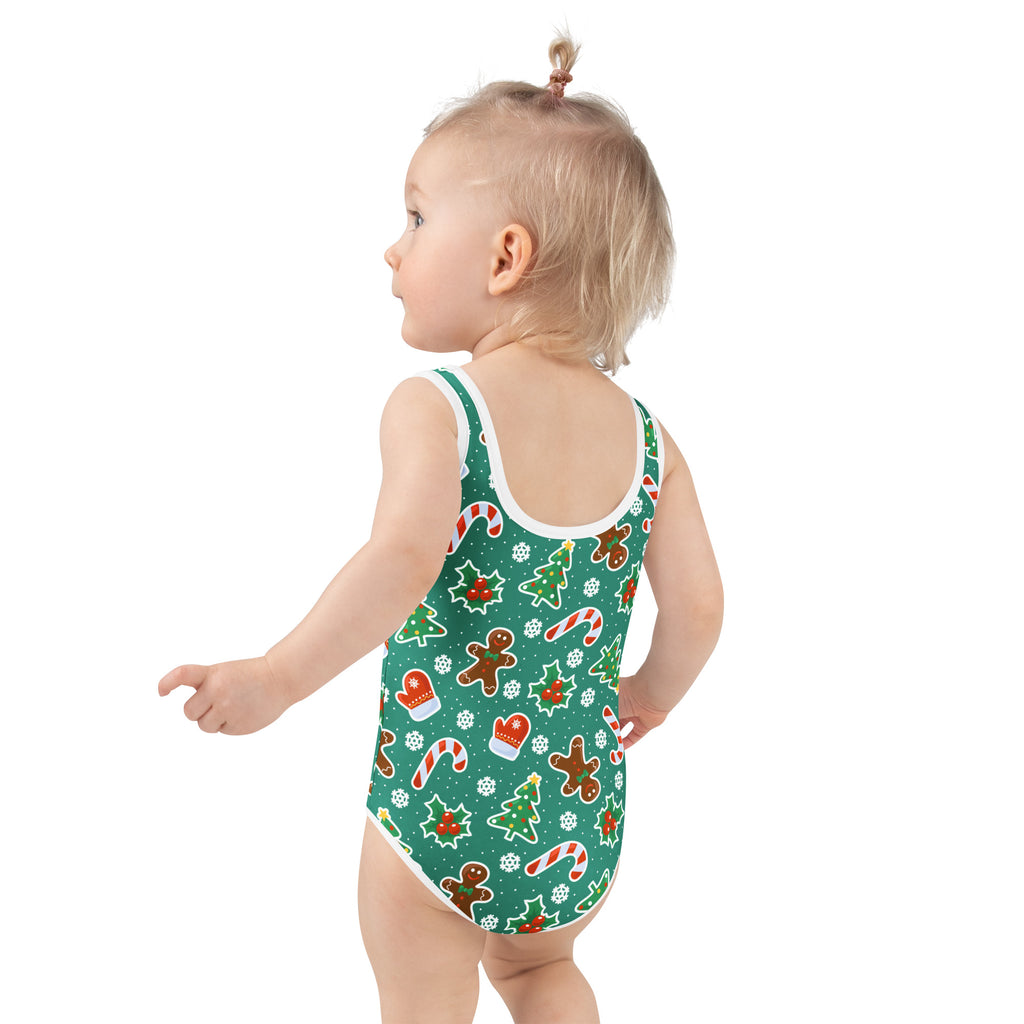 Girls green christmas cookie buttery soft one-piece swimsuit with white trim festive holiday patterns upf 50+