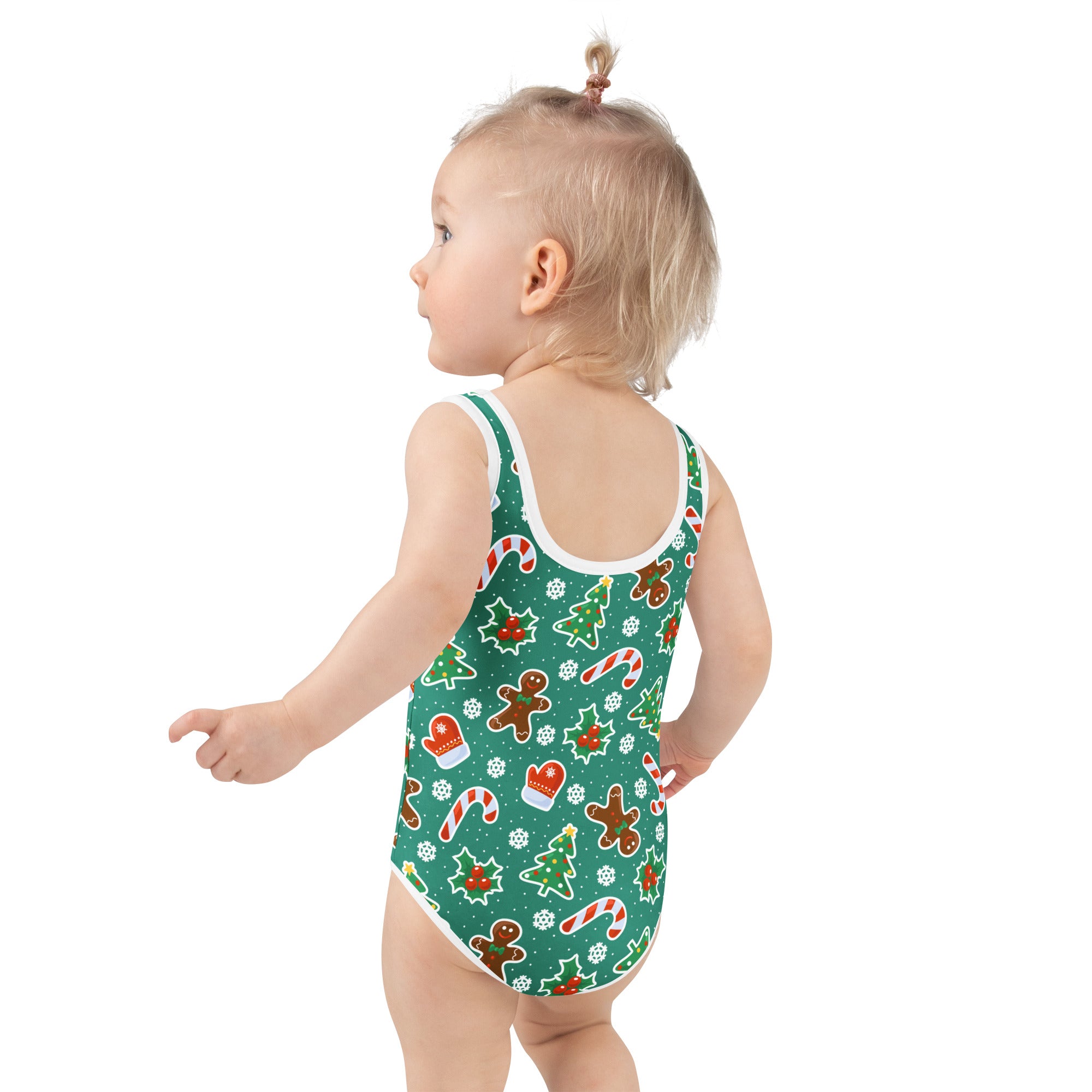Girls green christmas cookie buttery soft one-piece swimsuit with white trim festive holiday patterns upf 50+