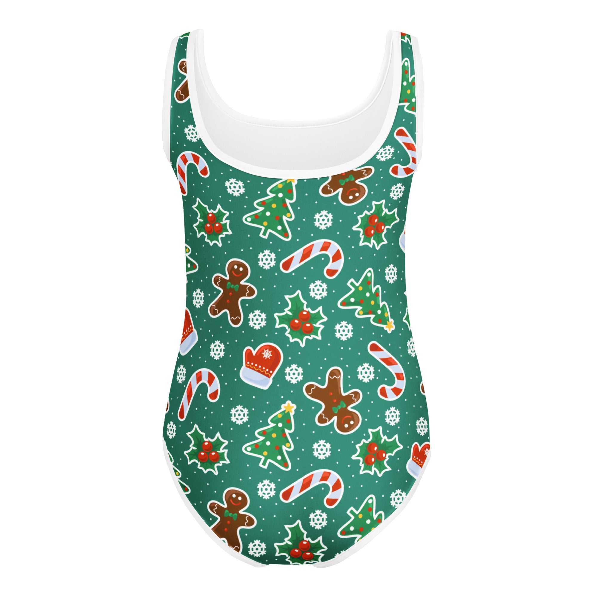 Girls green gingerbread christmas buttery soft one-piece swimsuit with white trim for dance and gymnastics