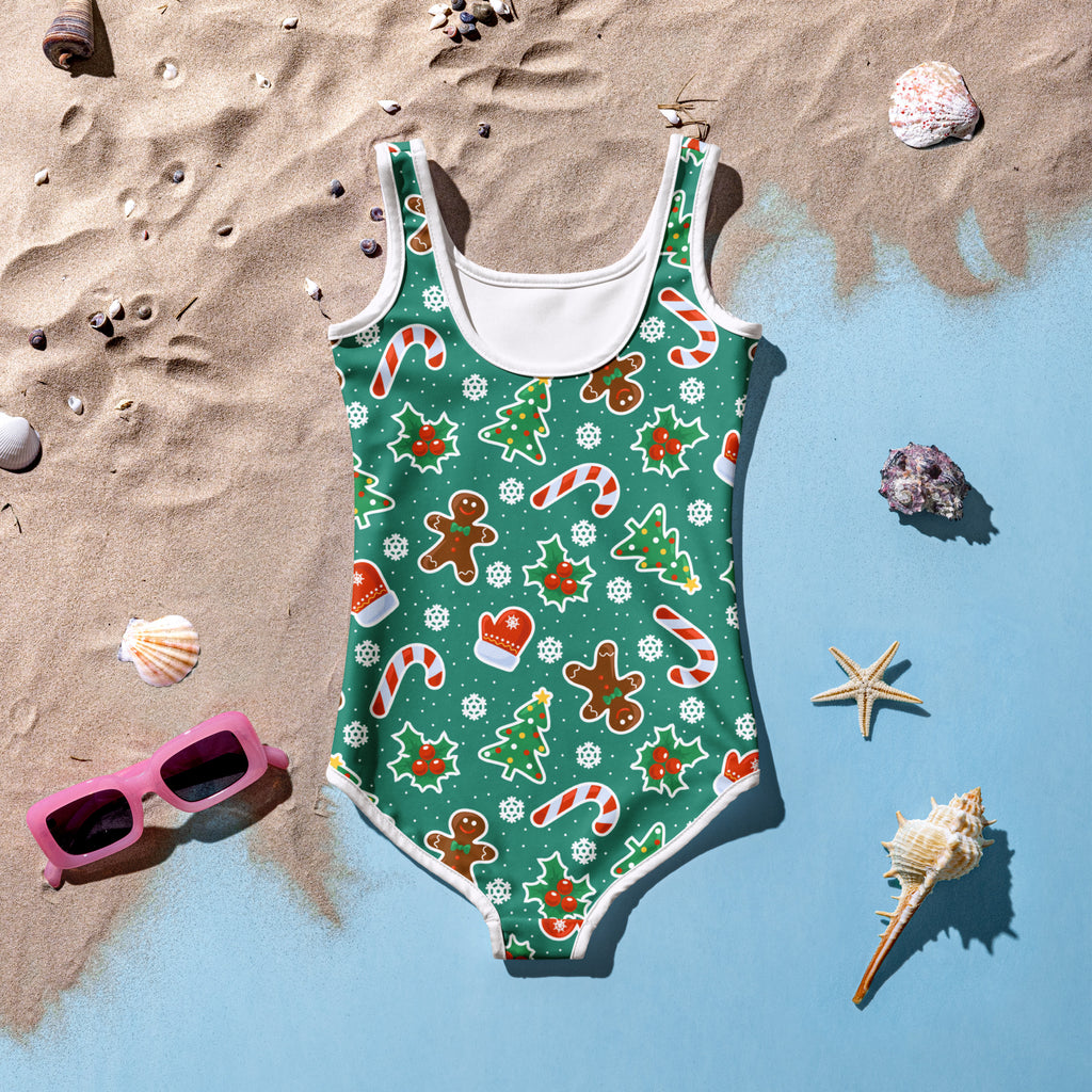 Girls green christmas cookie buttery soft one-piece swimsuit with gingerbread men candy canes and upf 50+
