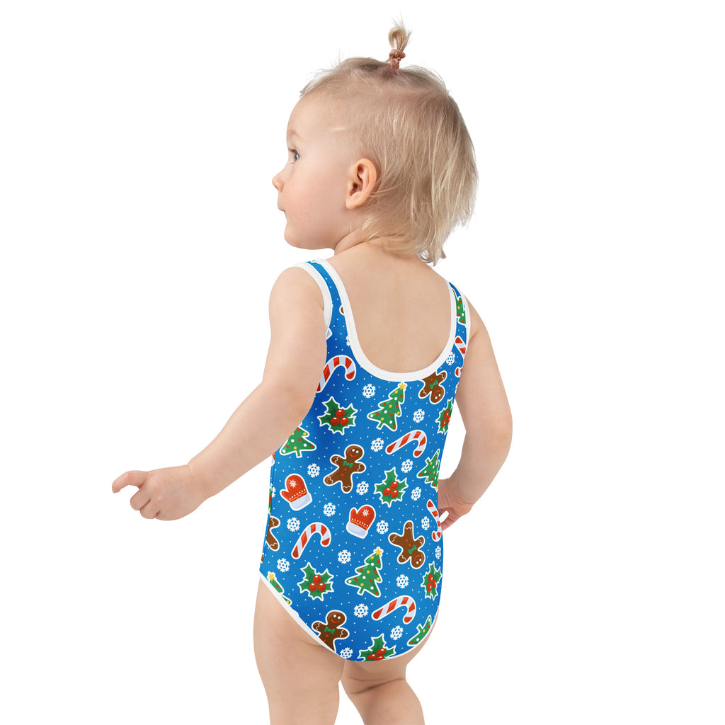 Girls blue christmas cookie buttery soft one-piece swimsuit with white trim festive holiday patterns and upf 50+