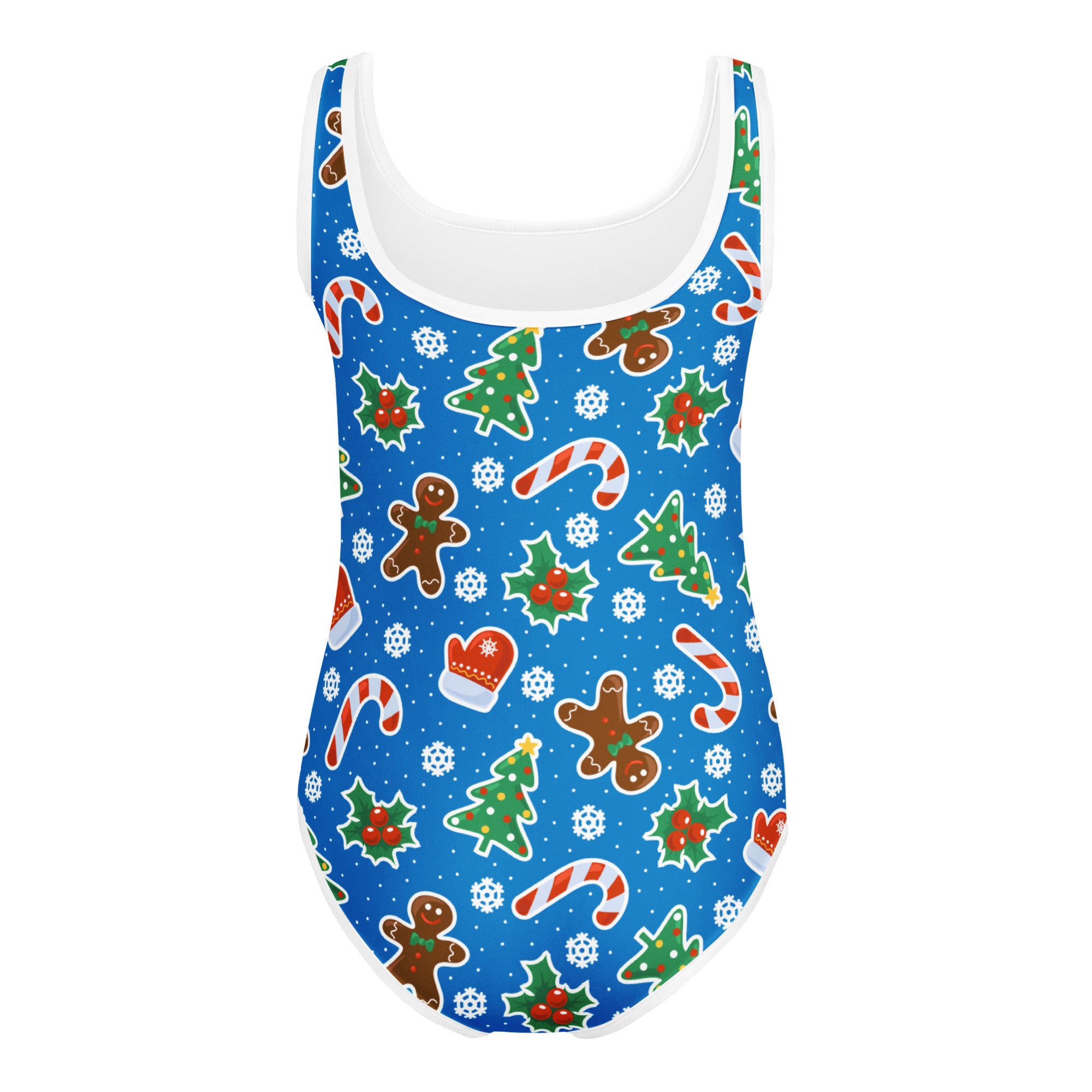 Girls blue gingerbread christmas buttery soft one-piece swimsuit with white trim quick drying for dance and gymnastics