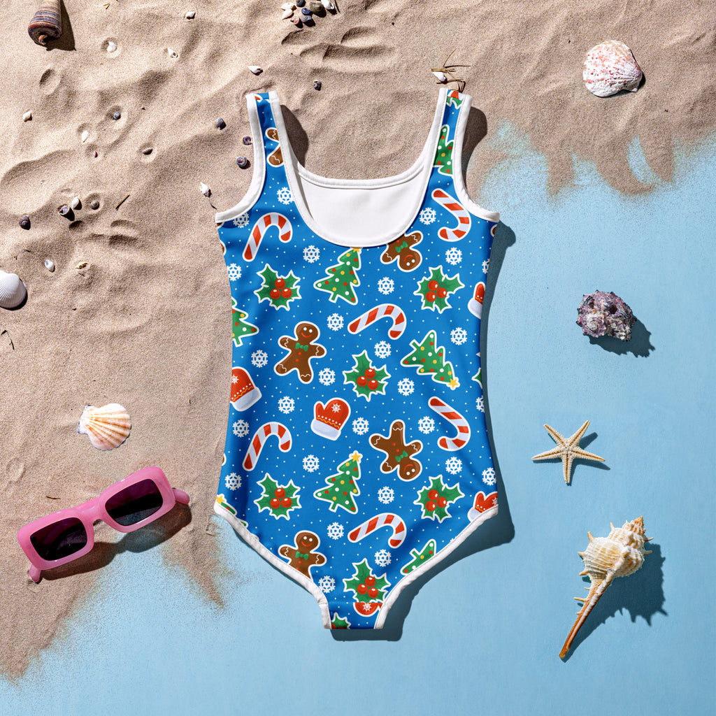 Girls blue christmas cookie buttery soft one-piece swimsuit with festive gingerbread men and upf 50 plus protection
