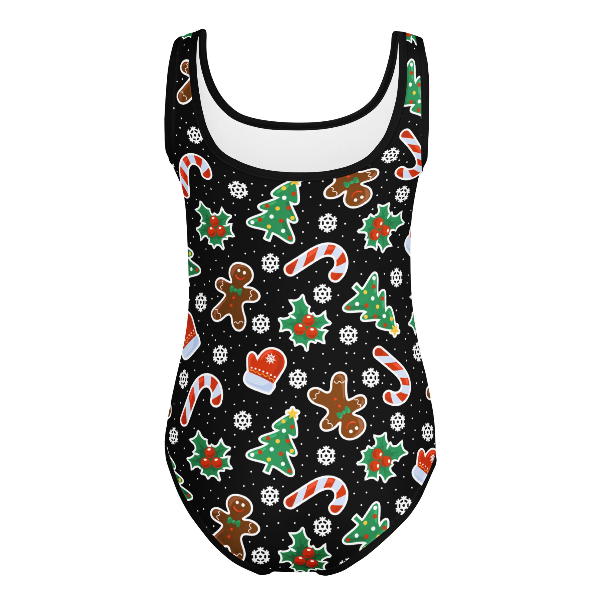 Girls black gingerbread christmas buttery soft one-piece swimsuit with festive illustrations for dance and gymnastics