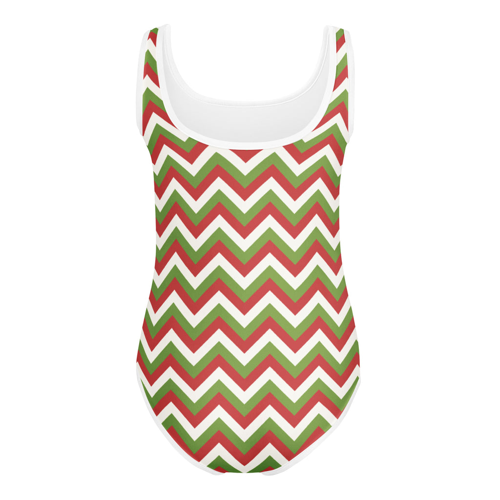 Girls chevron Christmas buttery soft red green and white one-piece swimsuit with scoop neckline for dance and gymnastics