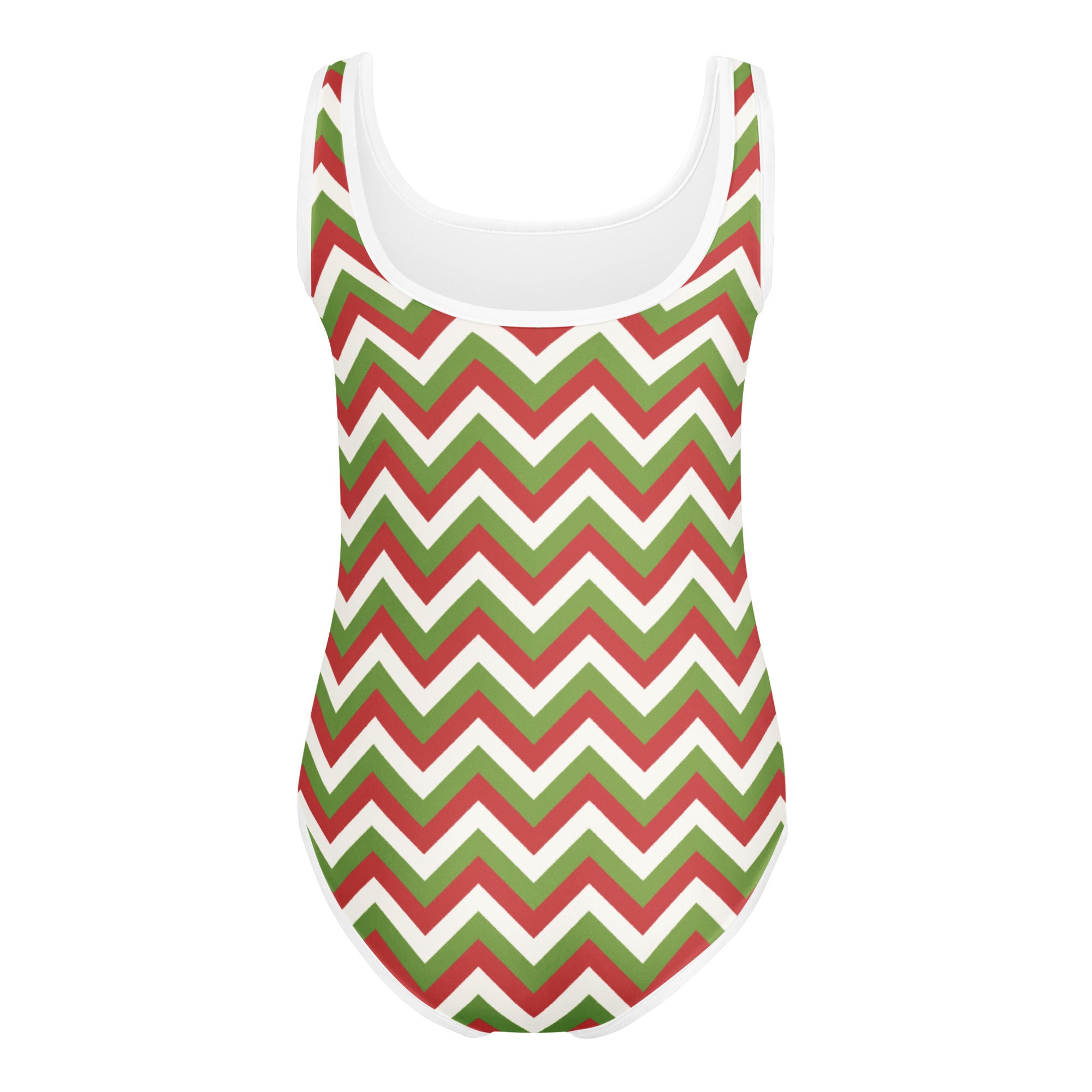 Girls chevron Christmas buttery soft red green and white one-piece swimsuit with scoop neckline for dance and gymnastics