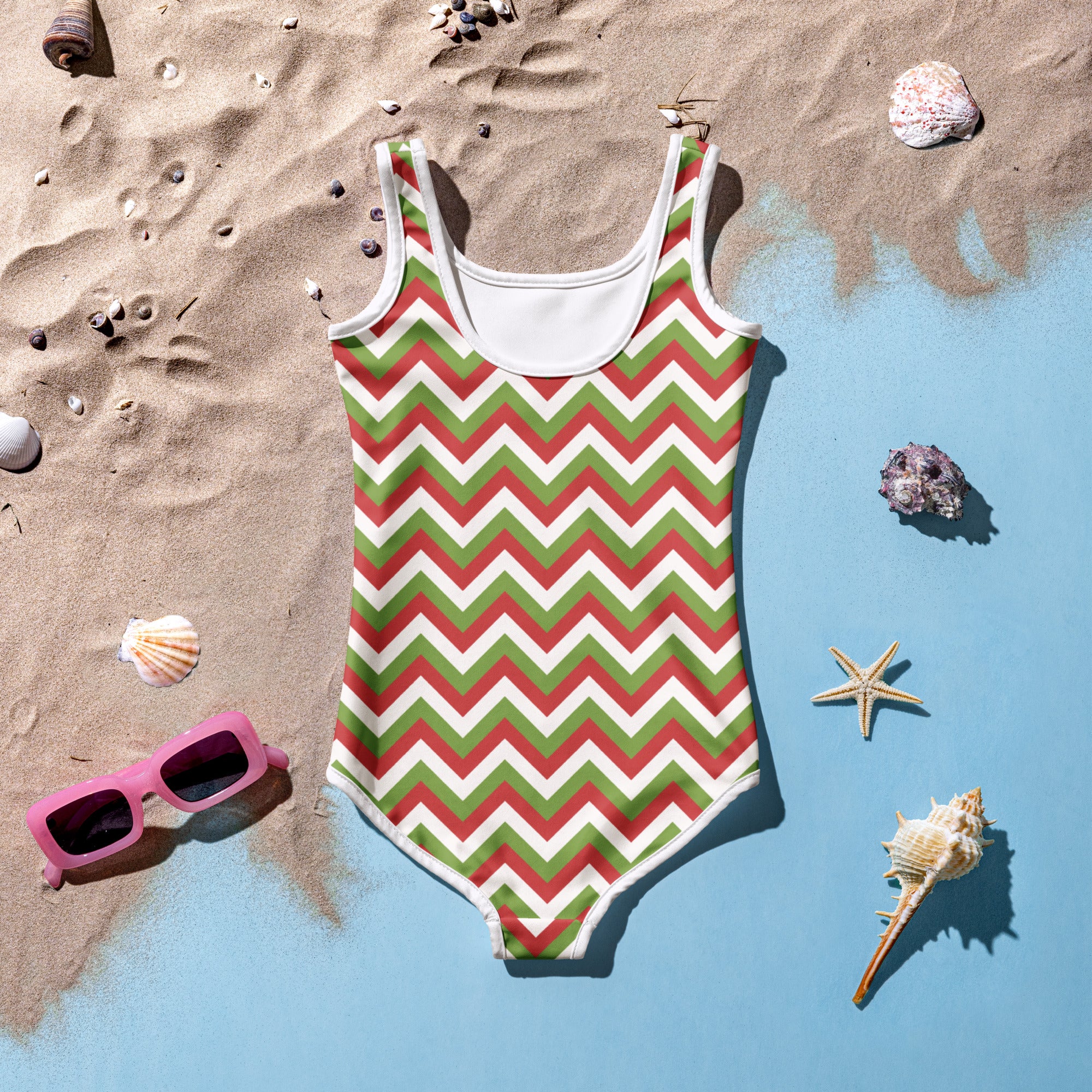 Girls christmas chevron buttery soft swimsuit with UPF 50 plus in red green and white with white trim