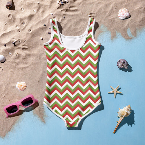 Girls christmas chevron buttery soft swimsuit with UPF 50 plus in red green and white with white trim