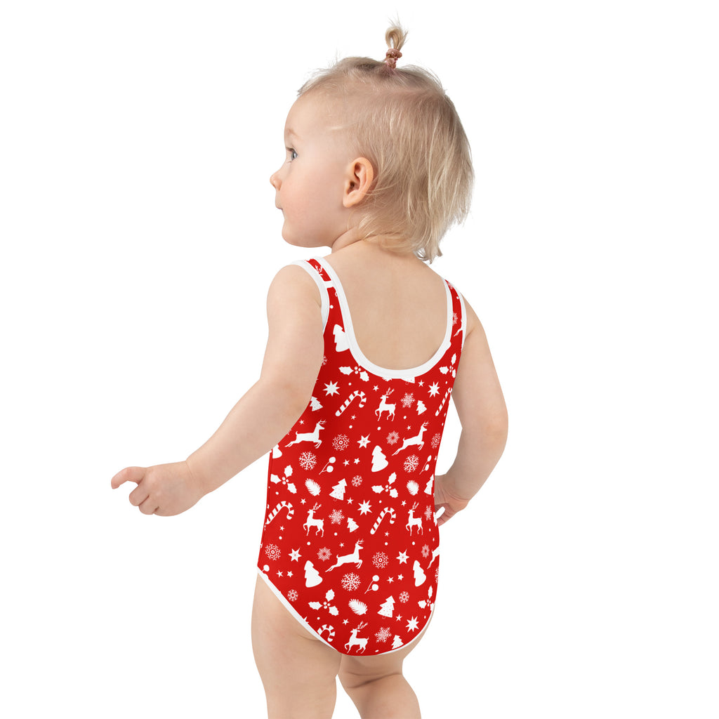 Girls red christmas one-piece buttery soft swimsuit with white trim festive reindeer snowflakes candy canes stars and UPF 50+
