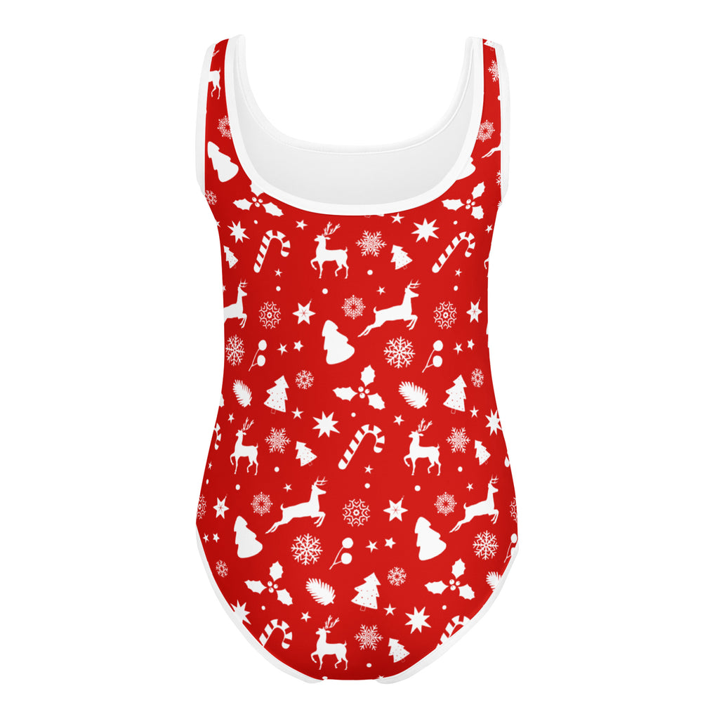 Girls red christmas buttery soft one-piece swimsuit with white trim and festive reindeer and candy cane patterns