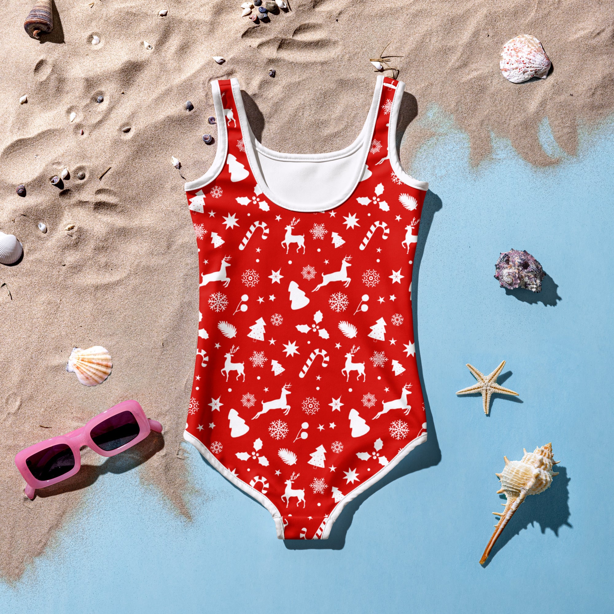 Girls red christmas buttery soft one-piece swimsuit with white reindeer candy cane snowflake pattern upf 50+