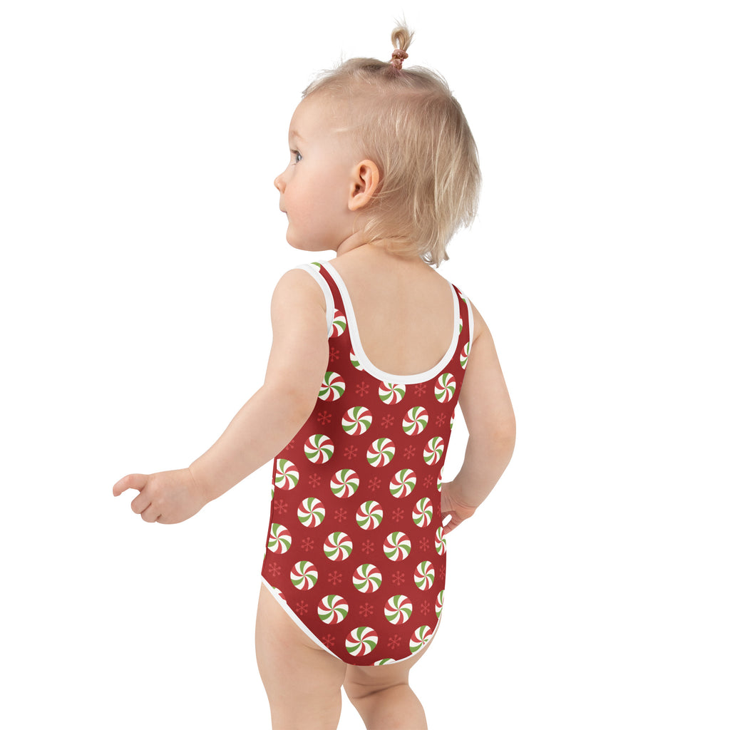 Red girls peppermint candy one-piece swimsuit with white trim buttery soft fabric and upf 50 plus protection