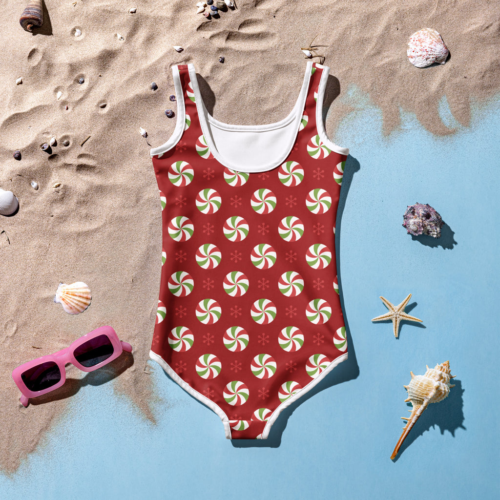Girls peppermint candy Christmas buttery soft red one-piece swimsuit with green white peppermint pattern and UPF 50+ protection