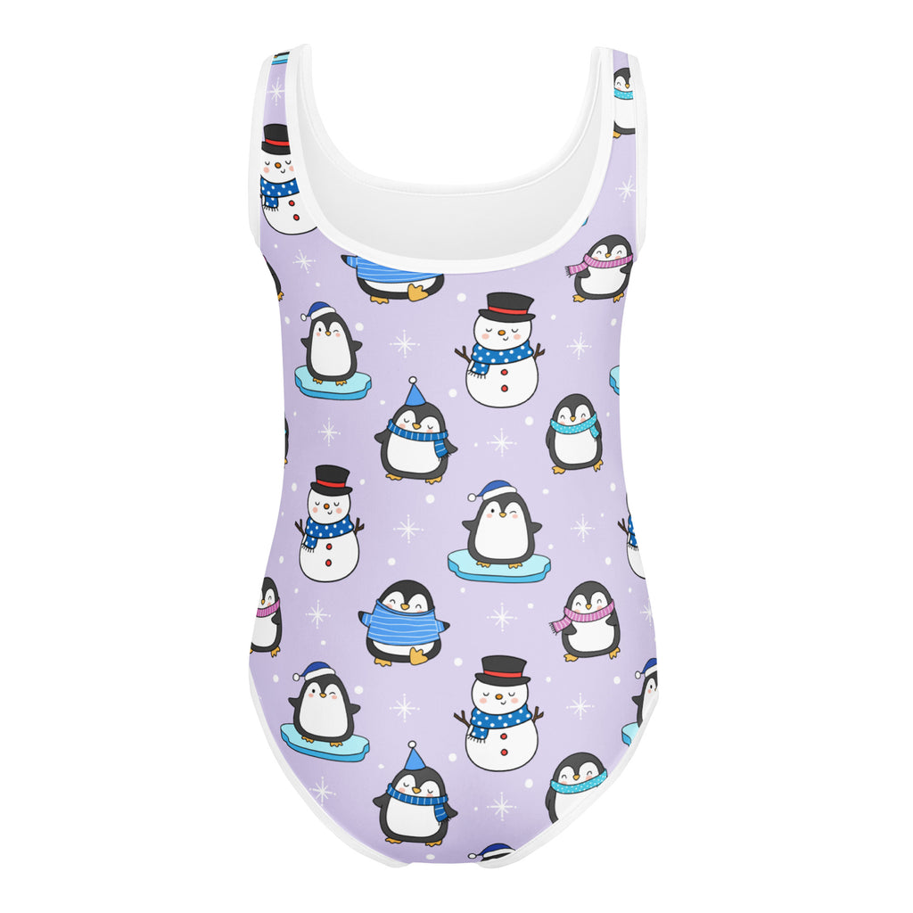 Girls winter penguin and snowman buttery soft lavender leotard with playful print quick drying for dance and gymnastics
