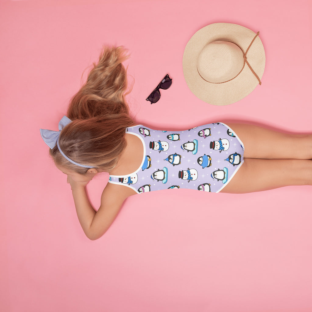 Girls Winter Penguins & Snowmen Buttery Soft Swimsuit With UPF 50+