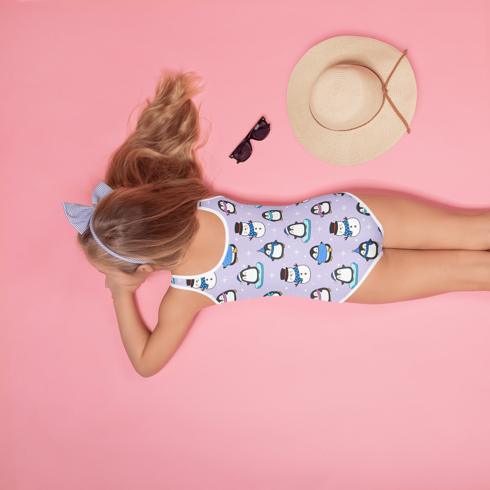 Girls Winter Penguins & Snowmen Buttery Soft Swimsuit With UPF 50+