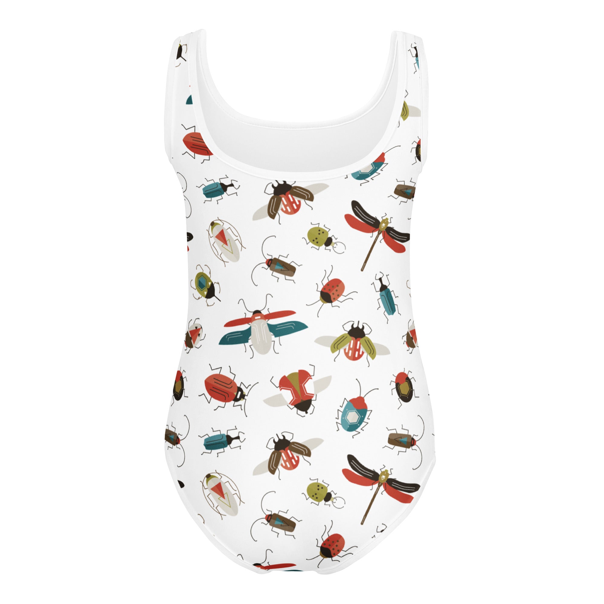 White one-piece swimsuit with colorful cartoon insects pattern made of buttery soft fabric quick drying for dance and gymnastics