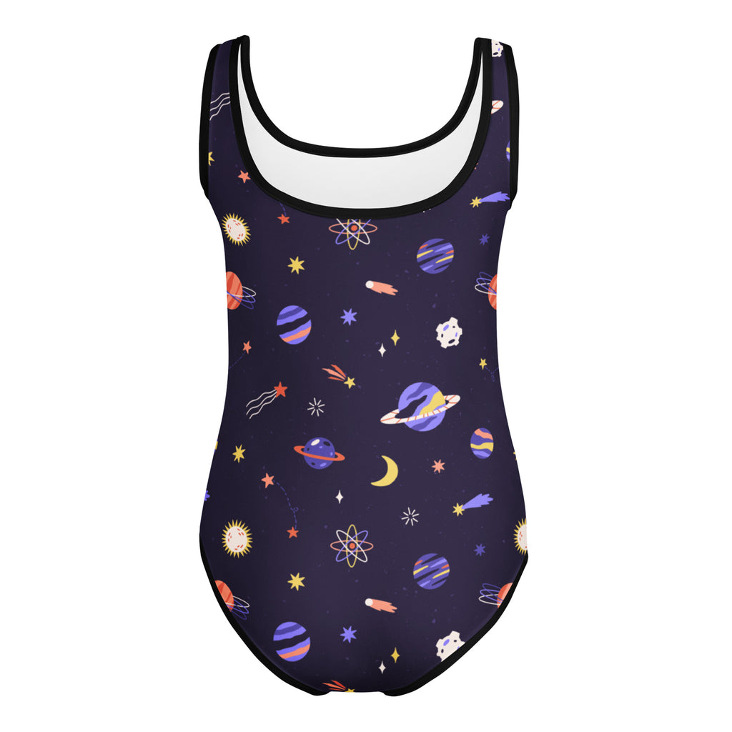 Girls purple galaxy space buttery soft navy blue one-piece swimsuit with vibrant planets and rockets for dance and gymnastics