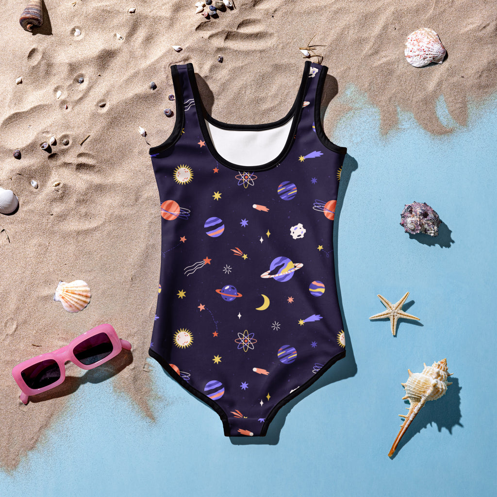 Girls purple outer space buttery soft navy blue one-piece swimsuit with cosmic design and UPF 50 plus sun protection