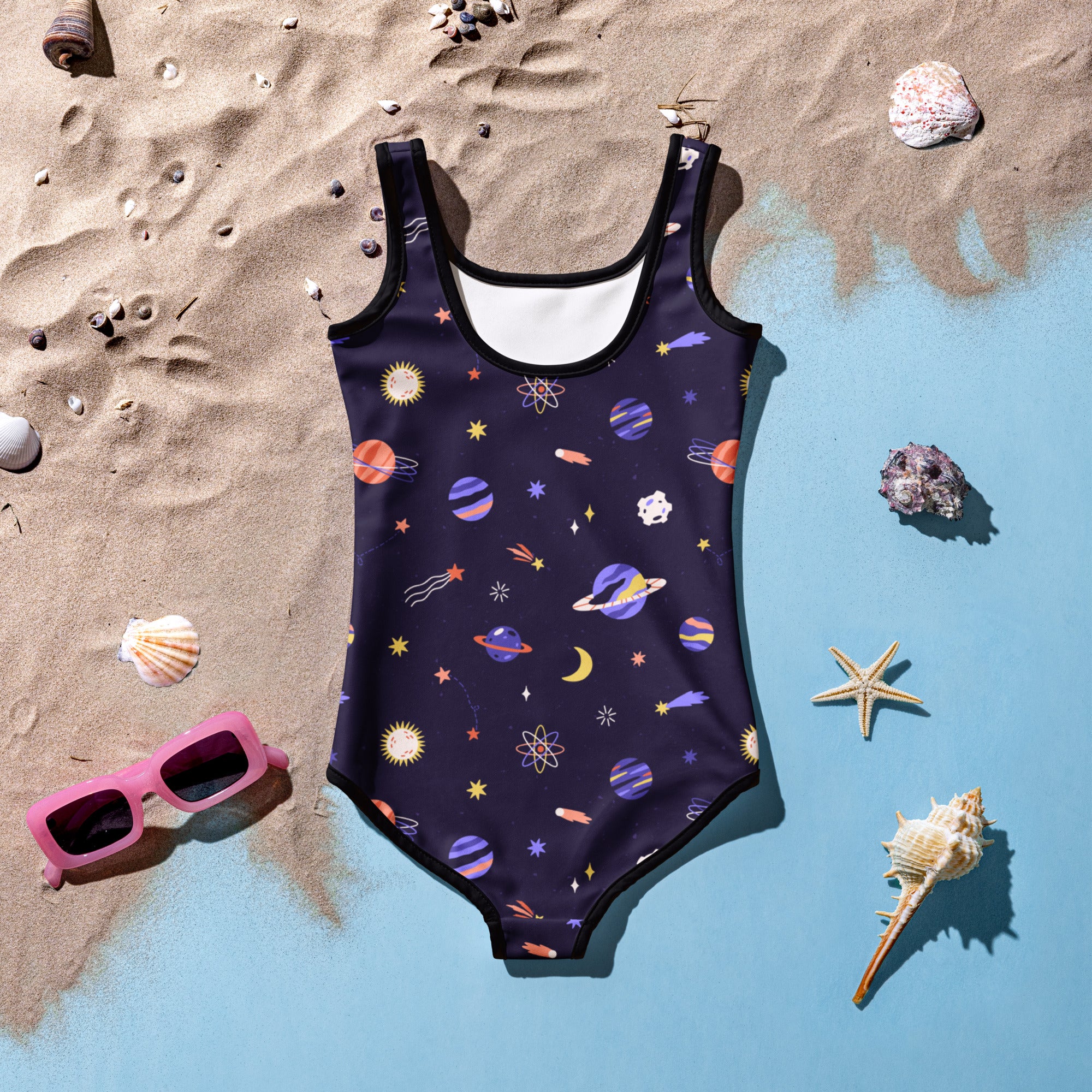 Girls purple outer space buttery soft navy blue one-piece swimsuit with cosmic design and UPF 50 plus sun protection