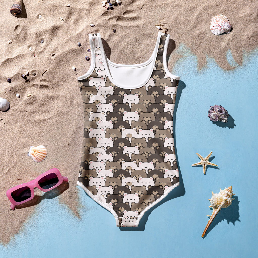 Girls bear face buttery soft one-piece swimsuit with stylized brown bear pattern and white trim featuring UPF 50 plus protection
