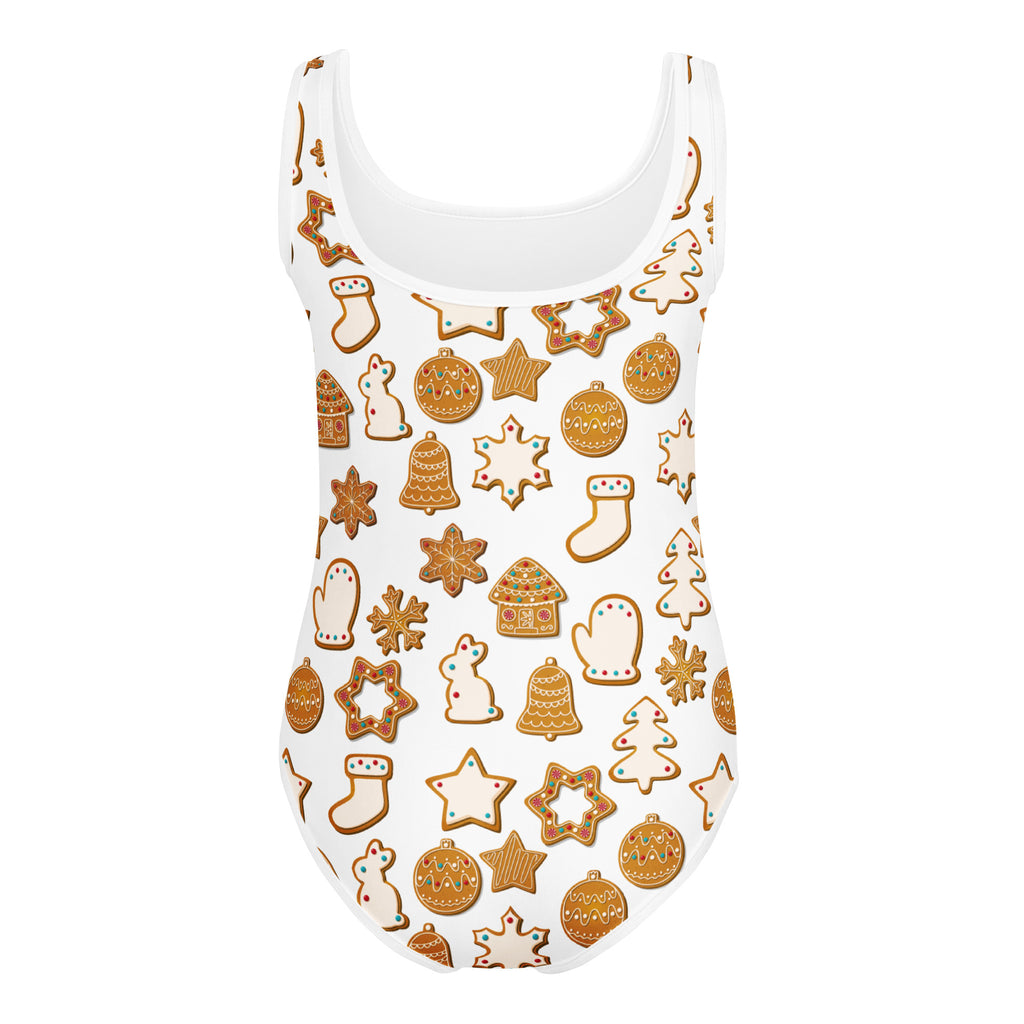 Girls festive gingerbread cookies buttery soft white one-piece swimsuit with holiday pattern for dance and gymnastics
