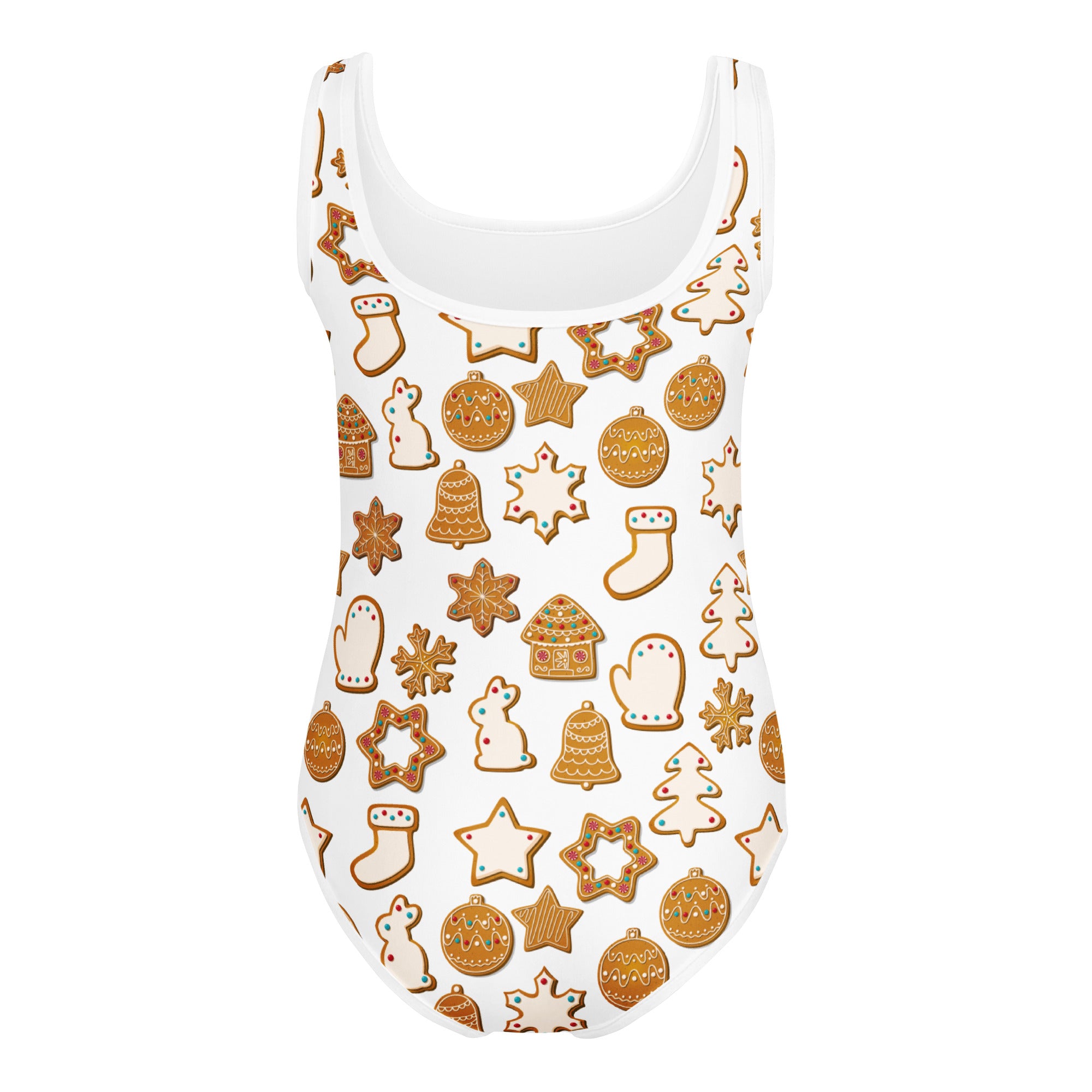 Girls festive gingerbread cookies buttery soft white one-piece swimsuit with holiday pattern for dance and gymnastics
