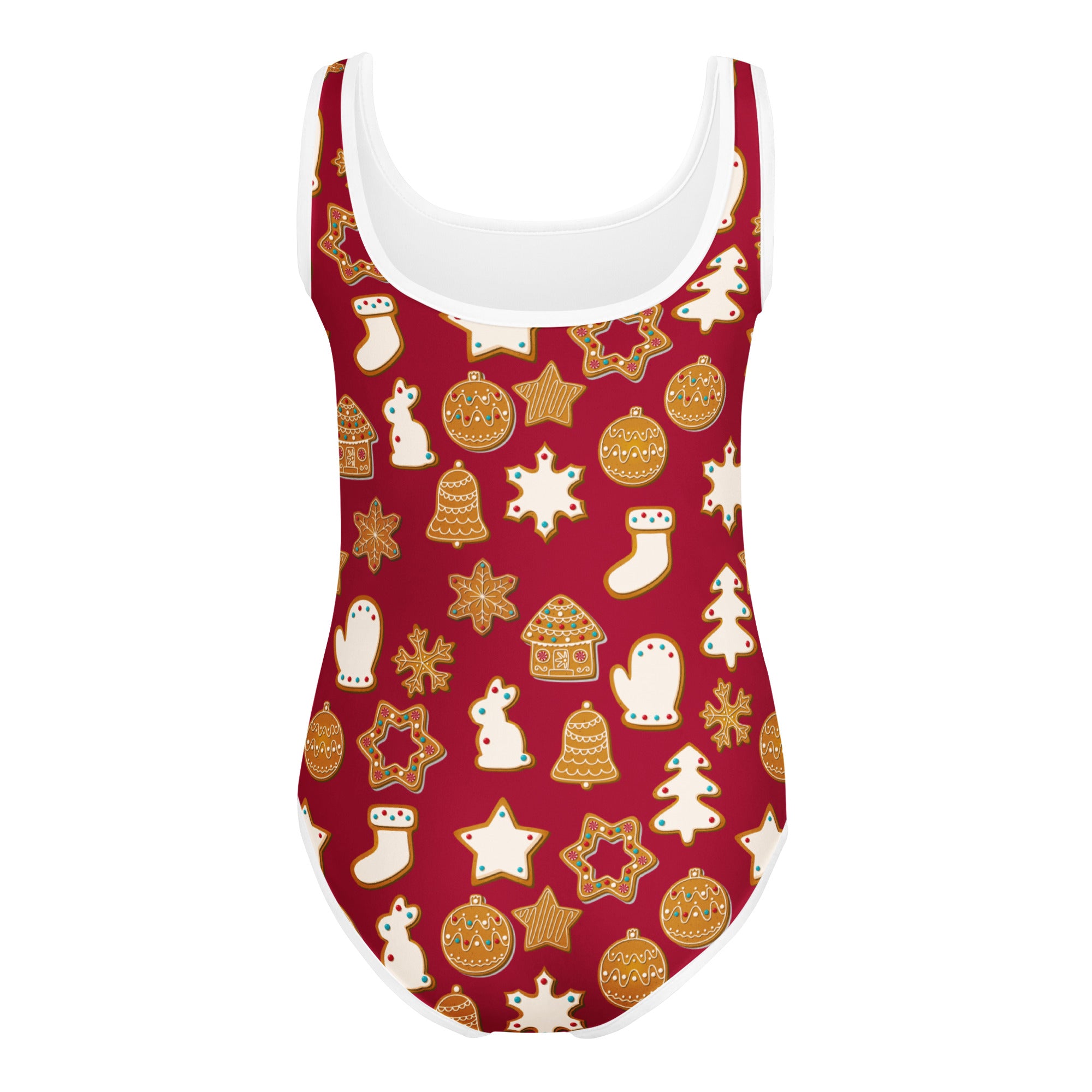 Girls red festive gingerbread cookies buttery soft one-piece swimsuit with white trim for dance and gymnastics