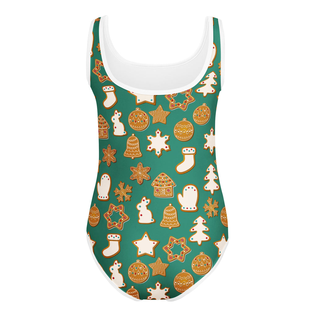 Girls green festive gingerbread cookies buttery soft one-piece swimsuit with holiday motifs quick drying for dance and gymnastics