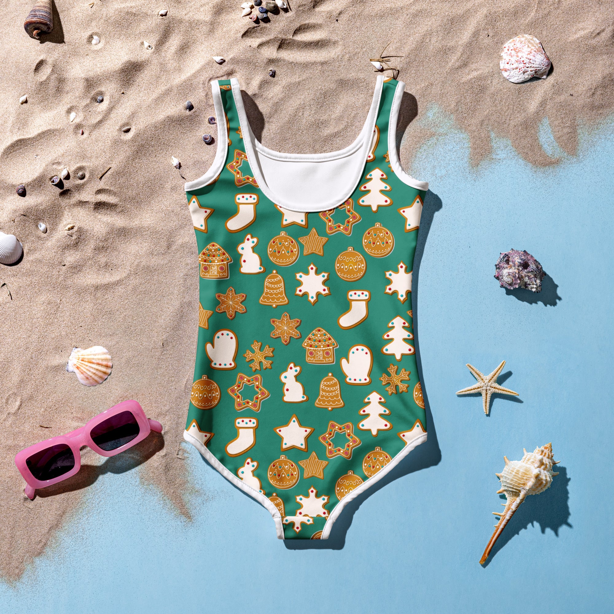 Girls green gingerbread cookies christmas buttery soft one-piece swimsuit with white trim and upf 50+ protection