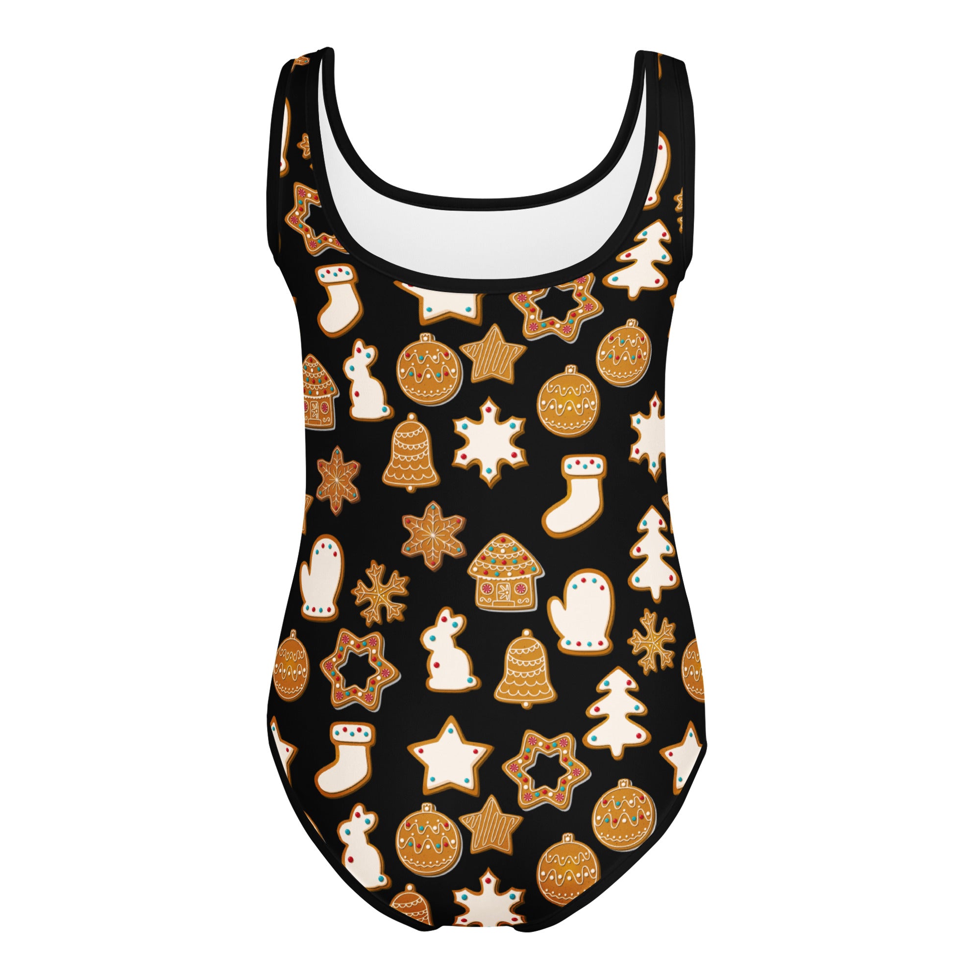 Girls black festive gingerbread cookies tank top leotard with stockings trees stars and ornaments in buttery soft fabric