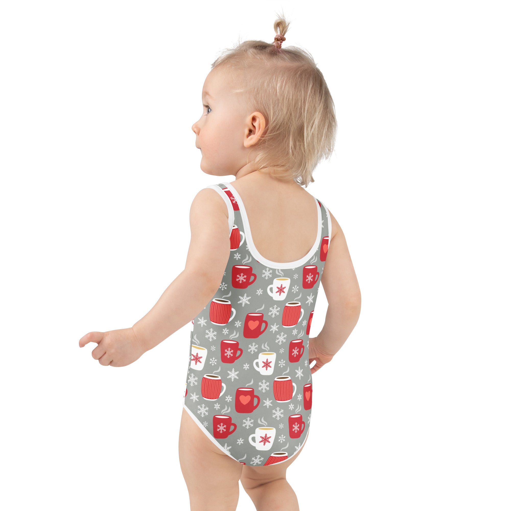 Girls cozy cocoa mug Christmas gray one-piece swimsuit with red white coffee mug snowflake patterns and white trim