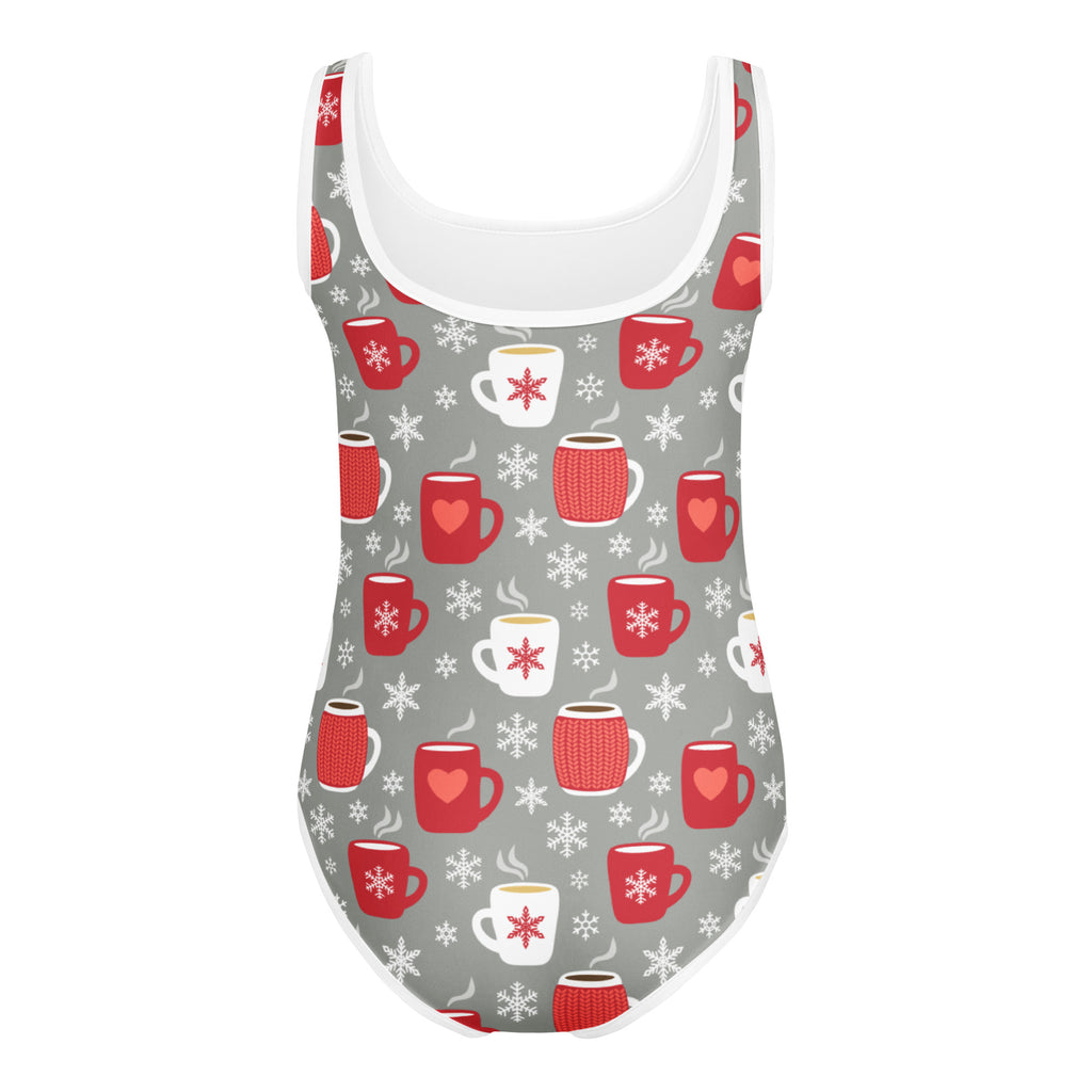 Gray girls hot cocoa christmas leotard with white trim and festive red white mugs pattern buttery soft quick drying
