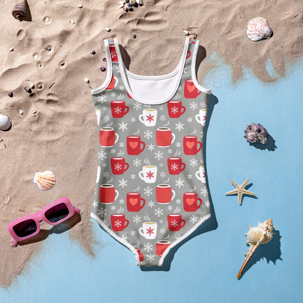 Gray girls one-piece swimsuit with cozy cocoa mug and snowflake patterns white trim buttery soft upf 50+