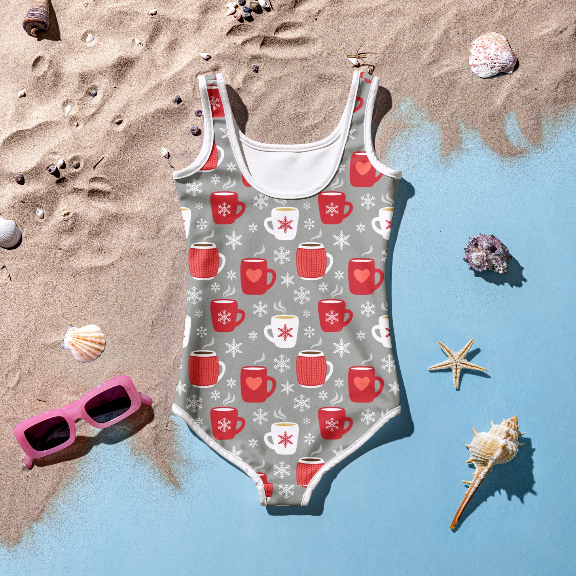 Gray girls one-piece swimsuit with cozy cocoa mug and snowflake patterns white trim buttery soft upf 50+
