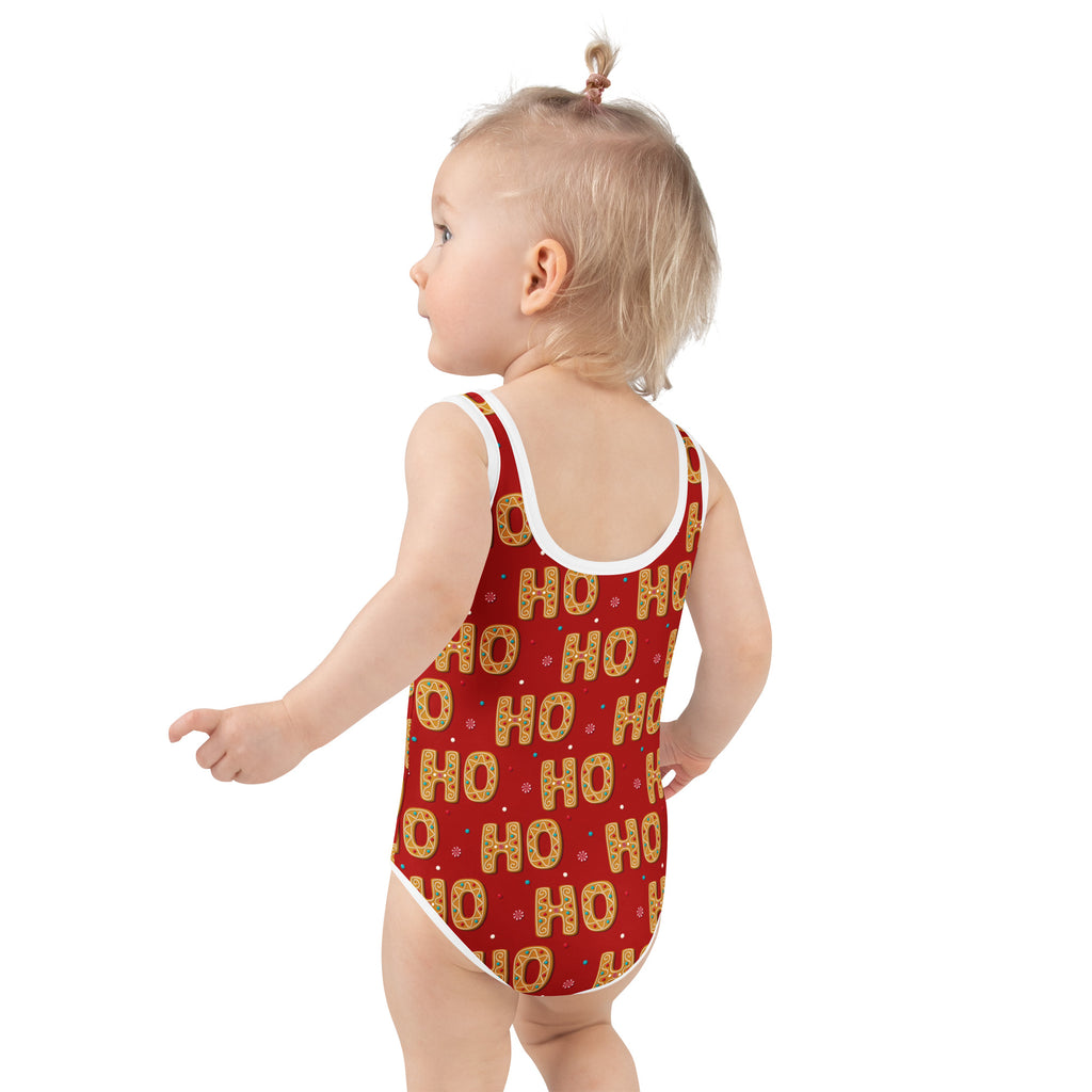 Girls red ho ho ho christmas-themed one-piece swimsuit with white trim gold lettering buttery soft fabric upf 50+