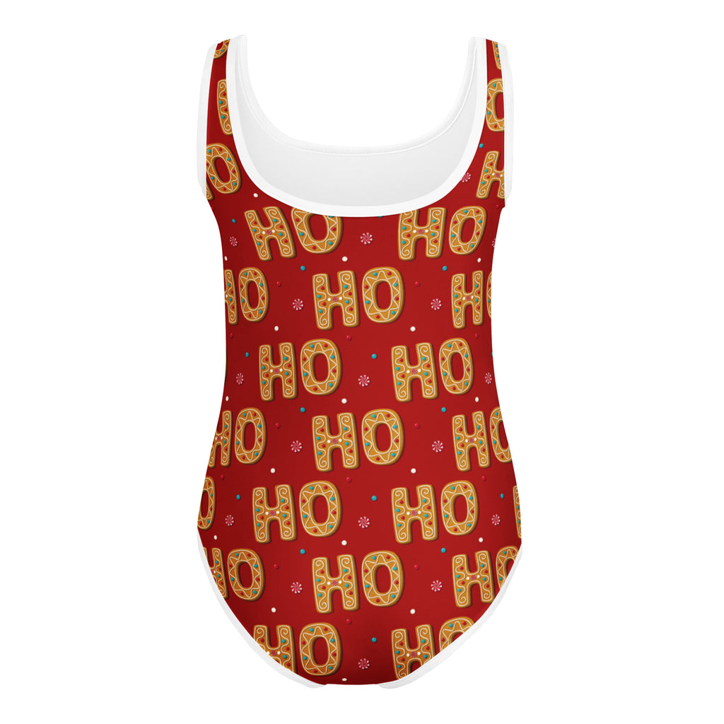 Girls ho ho ho gingerbread buttery soft red one-piece leotard with white trim and festive gold green blue pattern