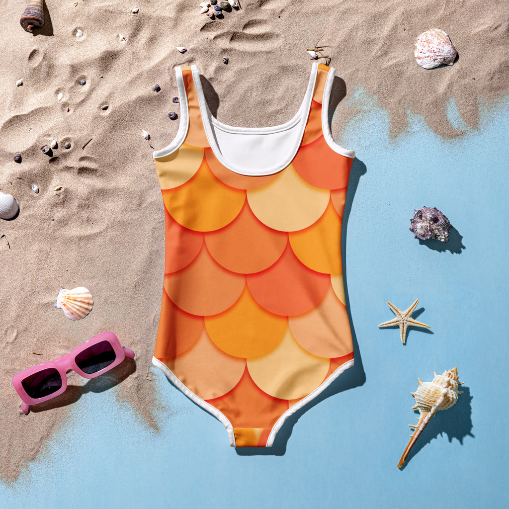 Girls orange mermaid buttery soft one-piece swimsuit with vibrant scales white trim and UPF 50 plus protection
