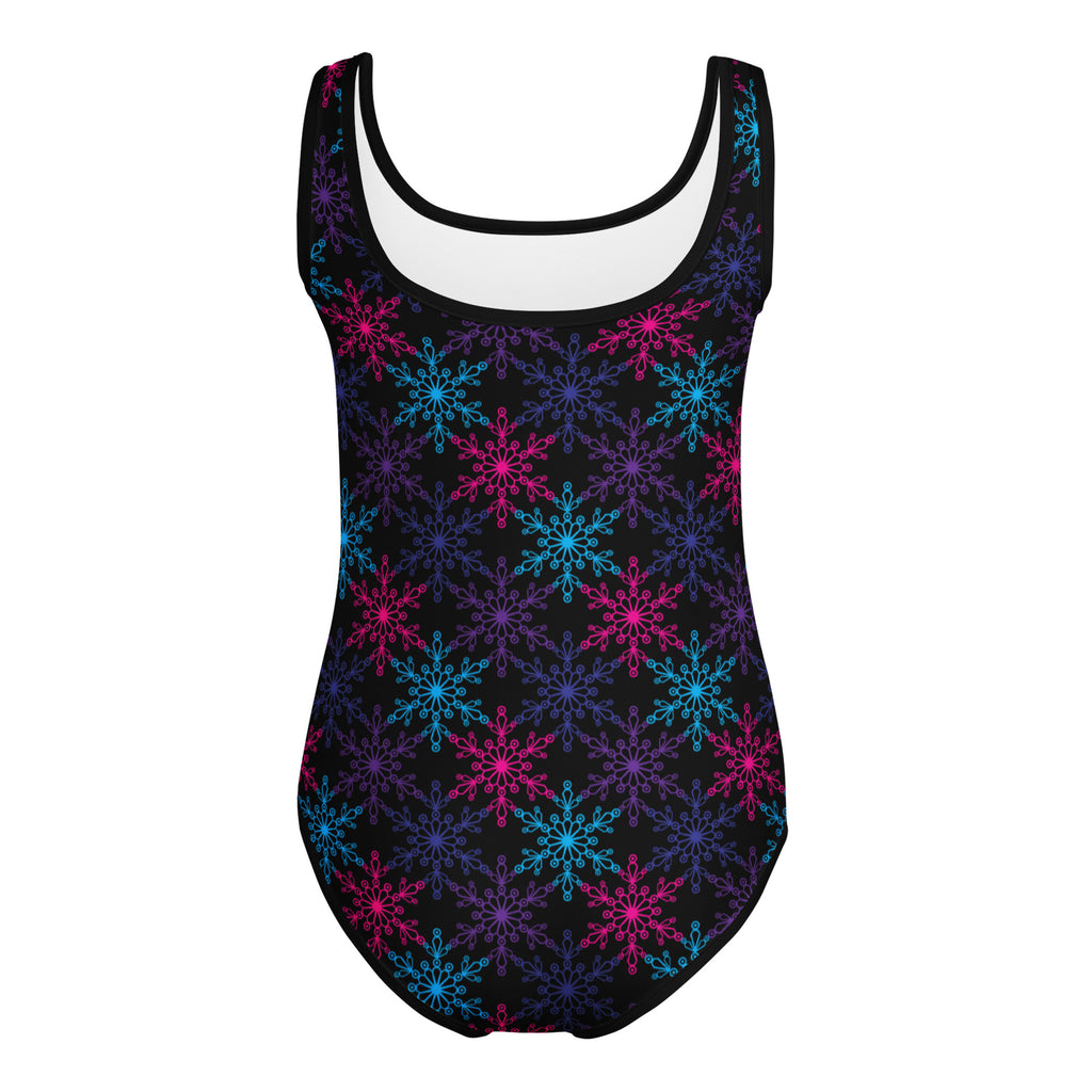 Girls neon snowflake buttery soft one-piece swimsuit in black with pink and cyan snowflakes for dance and gymnastics