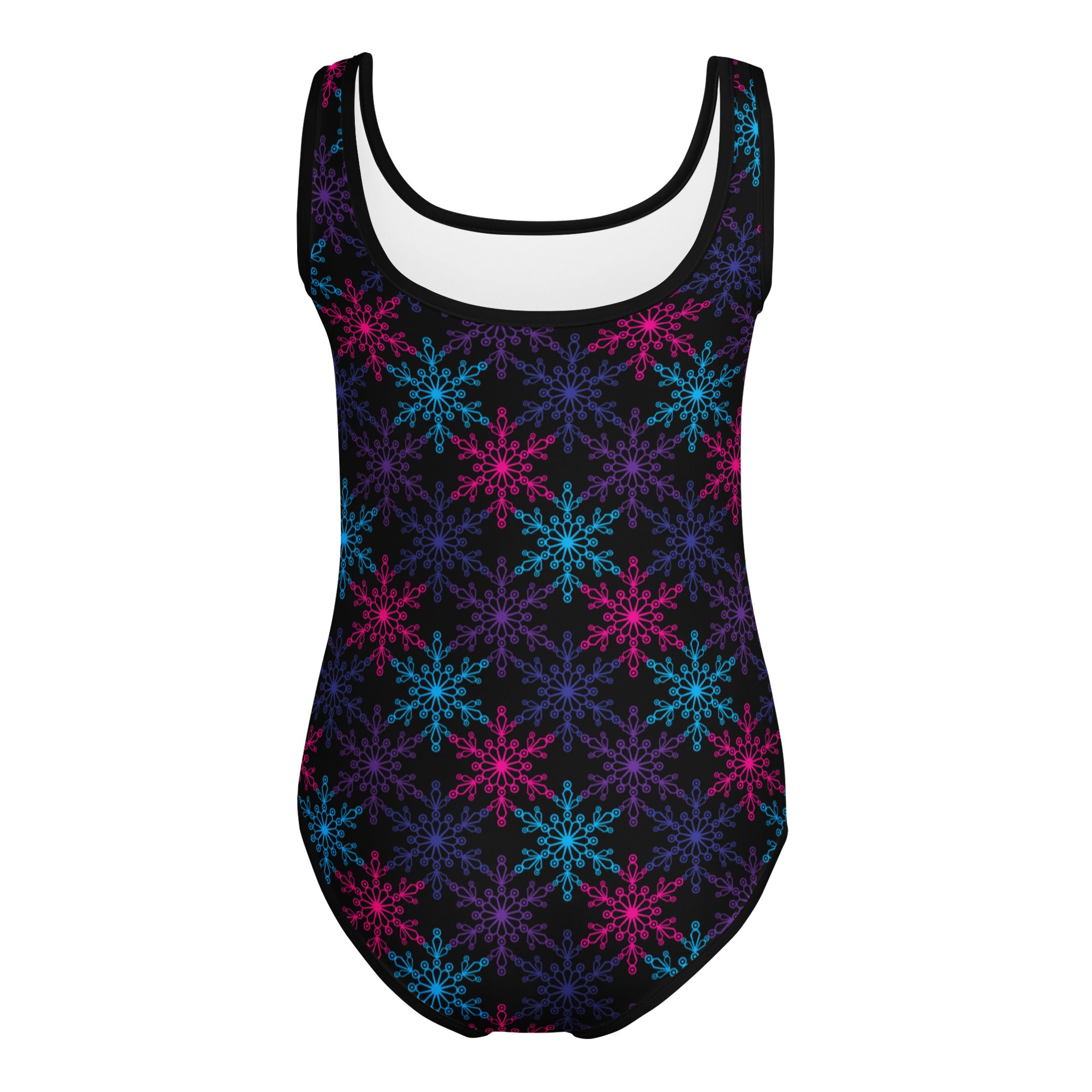 Girls neon snowflake buttery soft one-piece swimsuit in black with pink and cyan snowflakes for dance and gymnastics