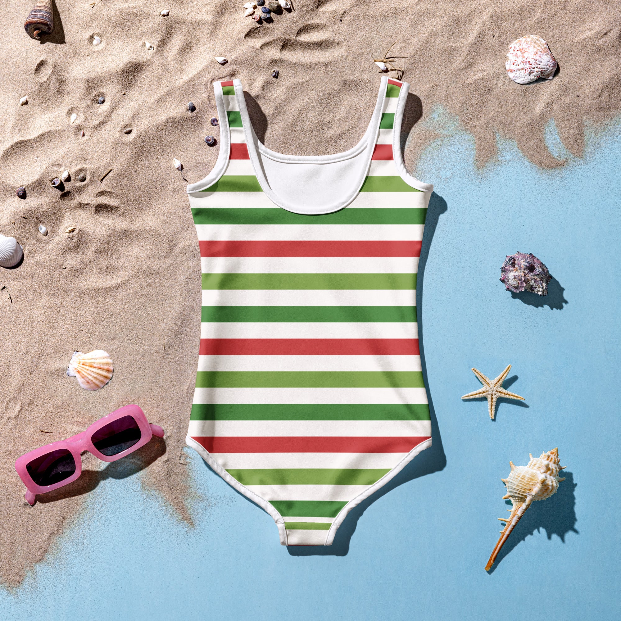 Girls striped christmas buttery soft one-piece swimsuit with green red white stripes and upf 50+ protection