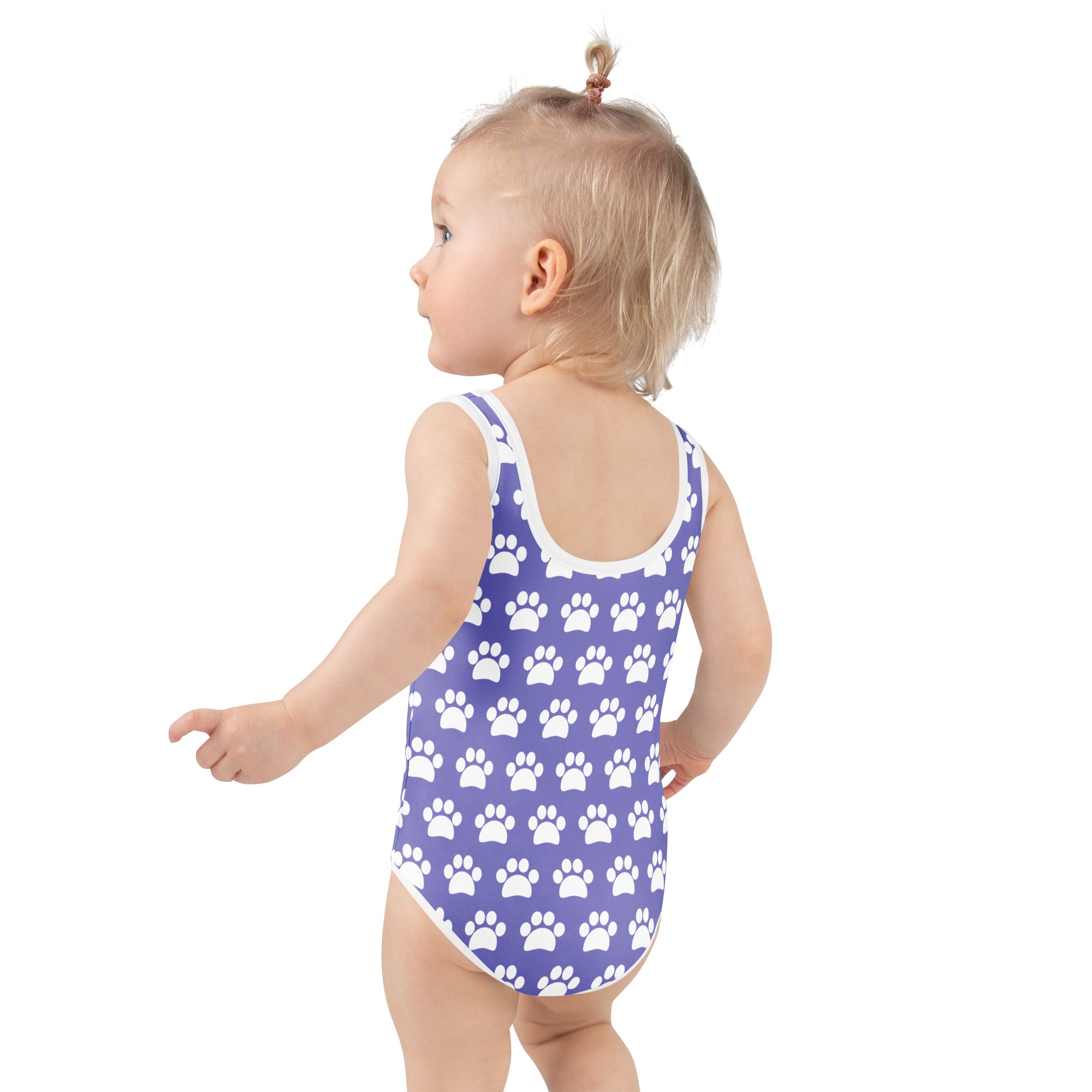 Girls purple buttery soft one-piece swimsuit with white paw print pattern white trim and UPF 50+ sun protection