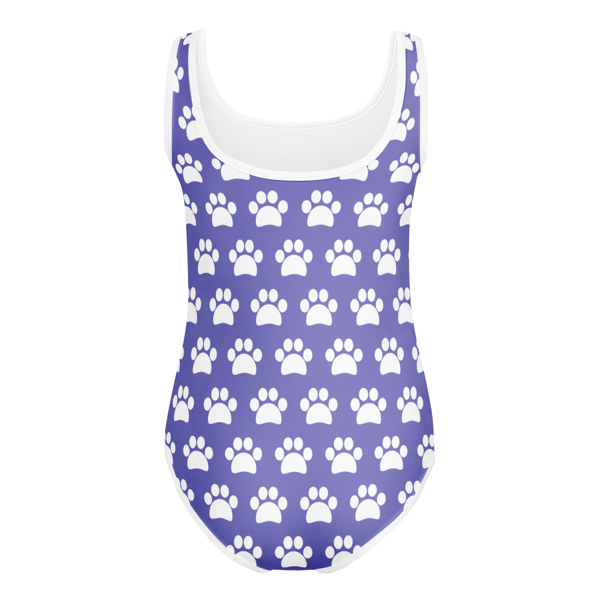 Girls purple paw print buttery soft leotard with white trim quick drying for dance and gymnastics