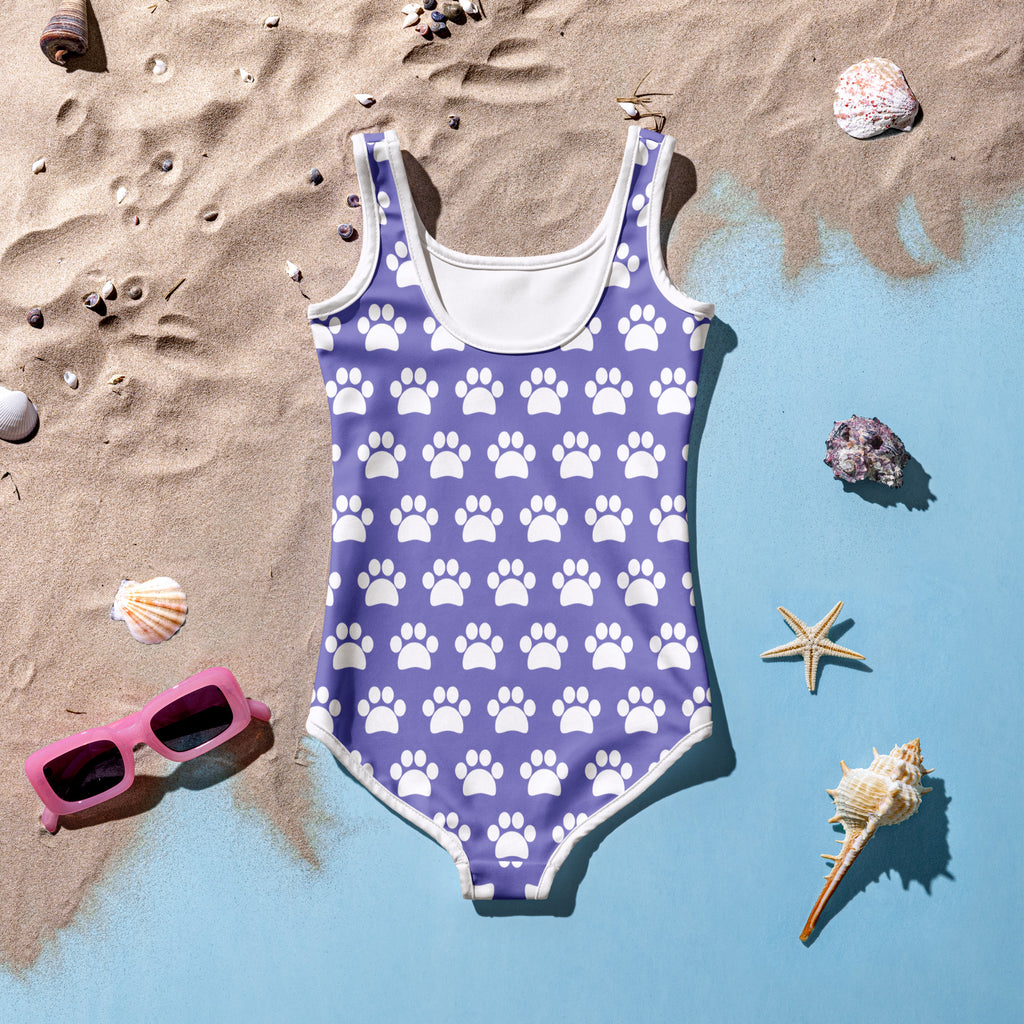 Girls purple paw print buttery soft swimsuit with UPF 50 plus features white paw prints and white trim