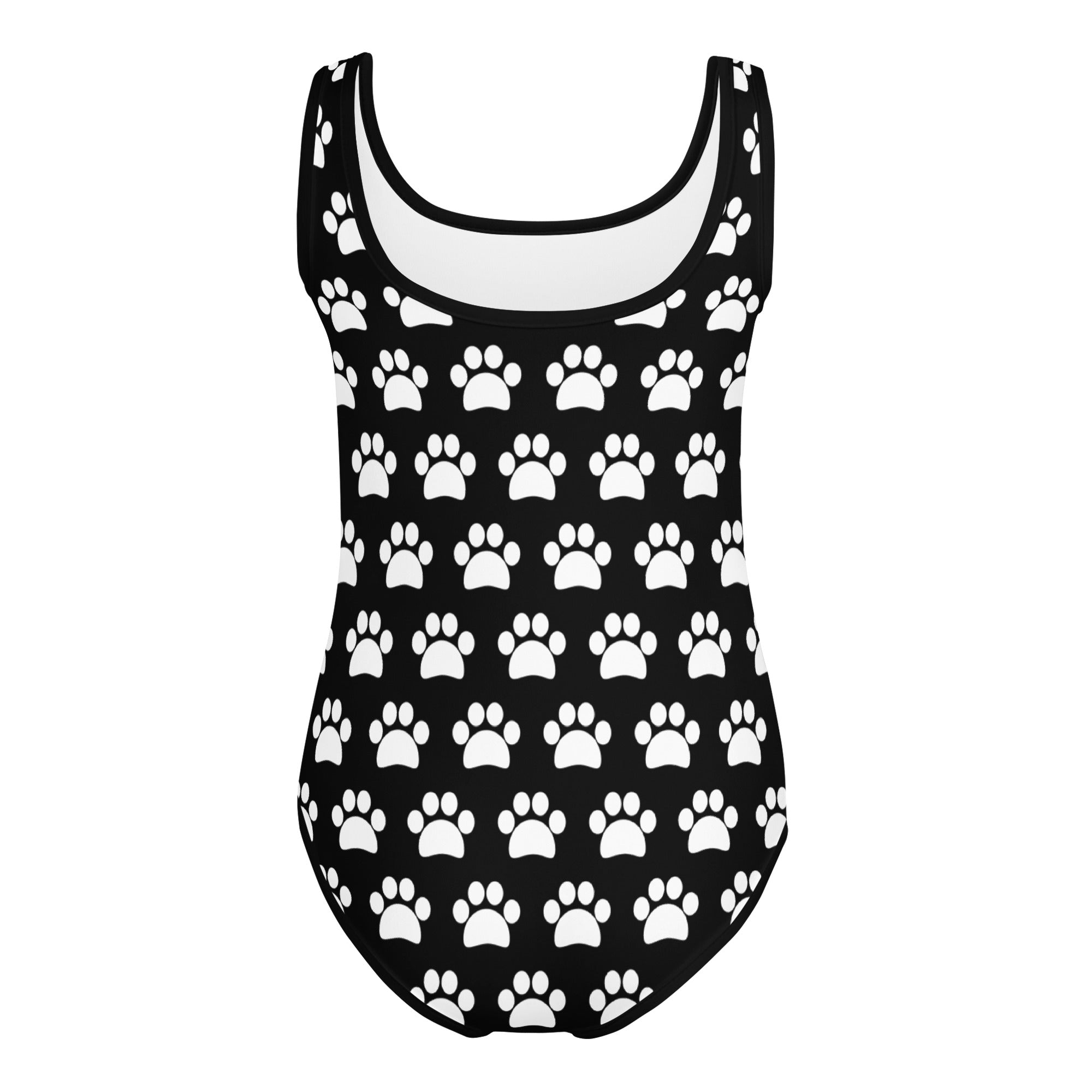 Girls black paw print buttery soft quick drying leotard one-piece swimsuit for dance and gymnastics
