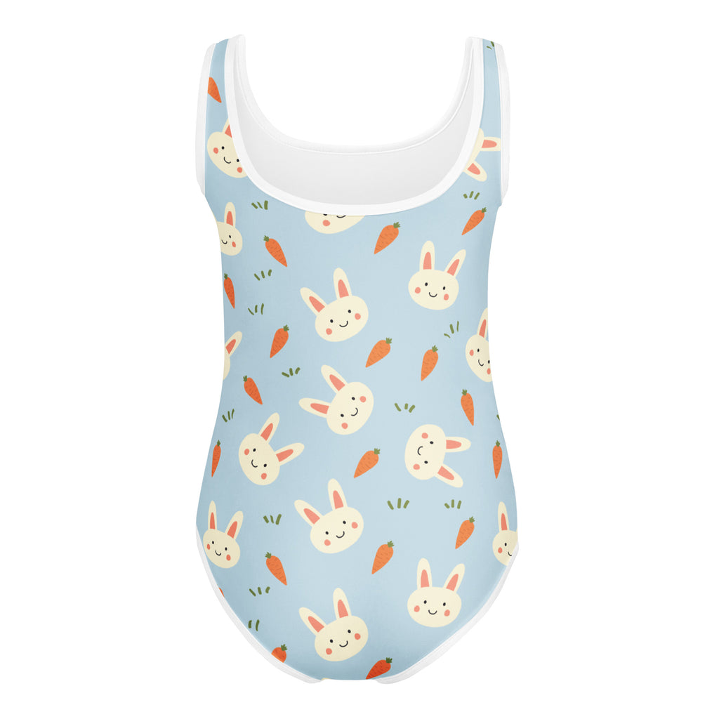 Light blue girls rabbits and carrots buttery soft leotard with white trim and cartoon pattern for dance and gymnastics
