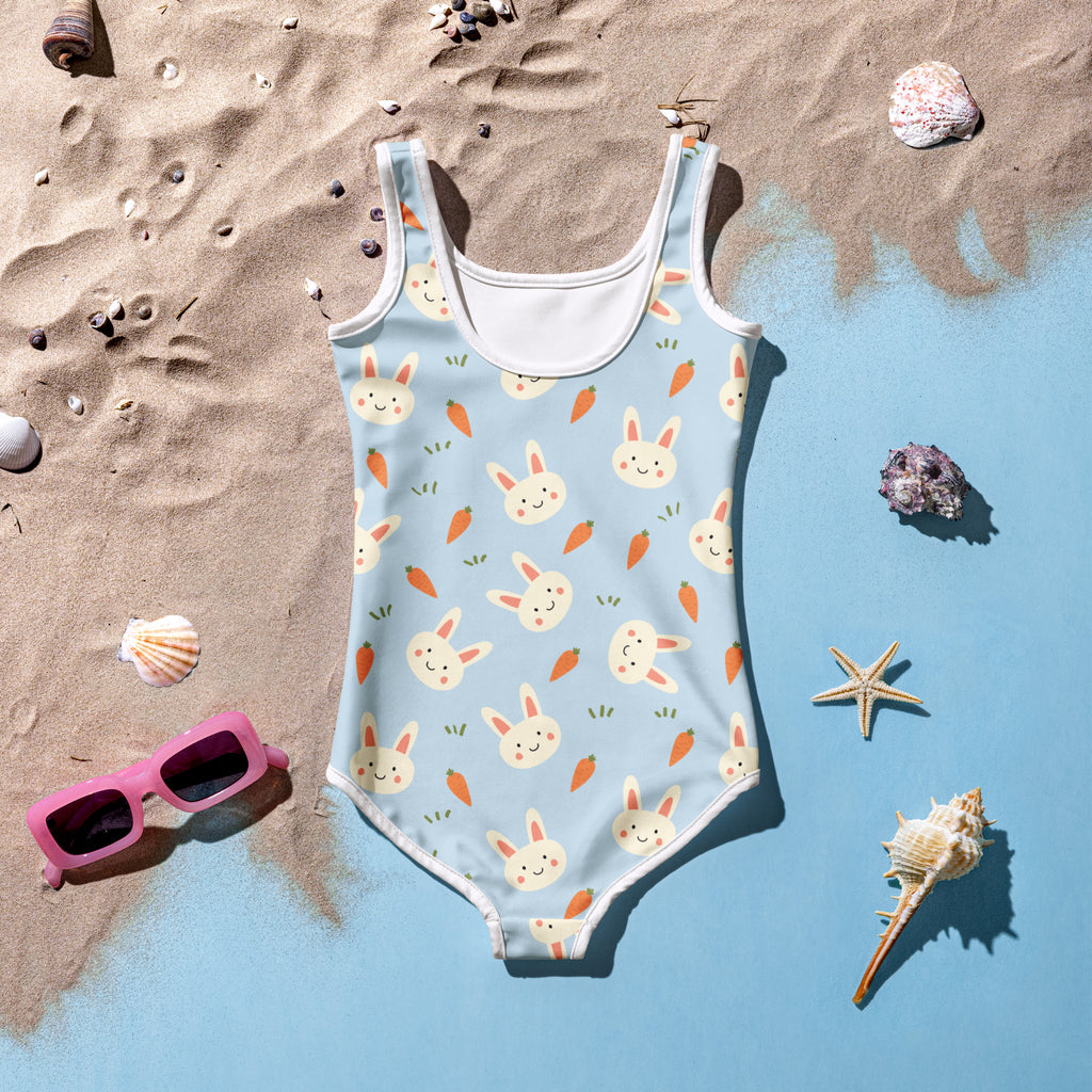 Girls bunny and carrot buttery soft light blue one-piece swimsuit with white trim and UPF 50 plus sun protection
